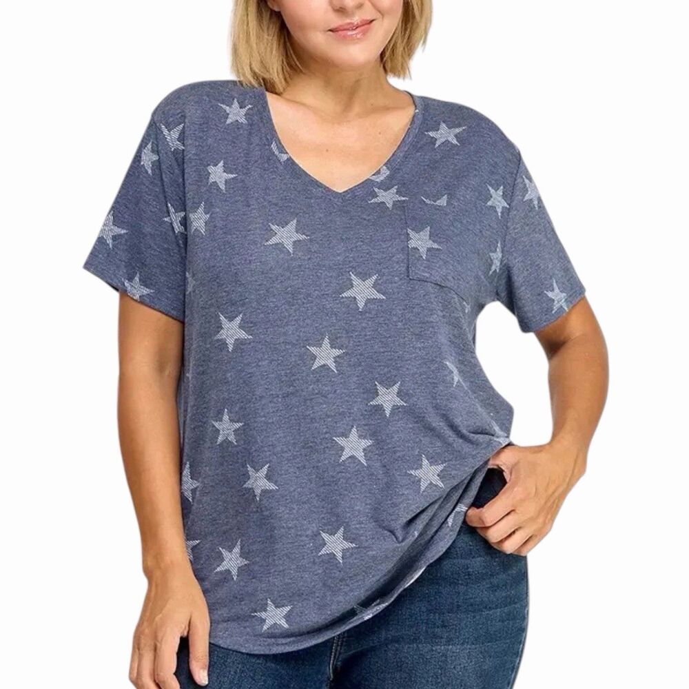 Loanna Women's 3X Navy Star Print V Neck Tunic Top Short Sleeve Relaxed Fit NWT
